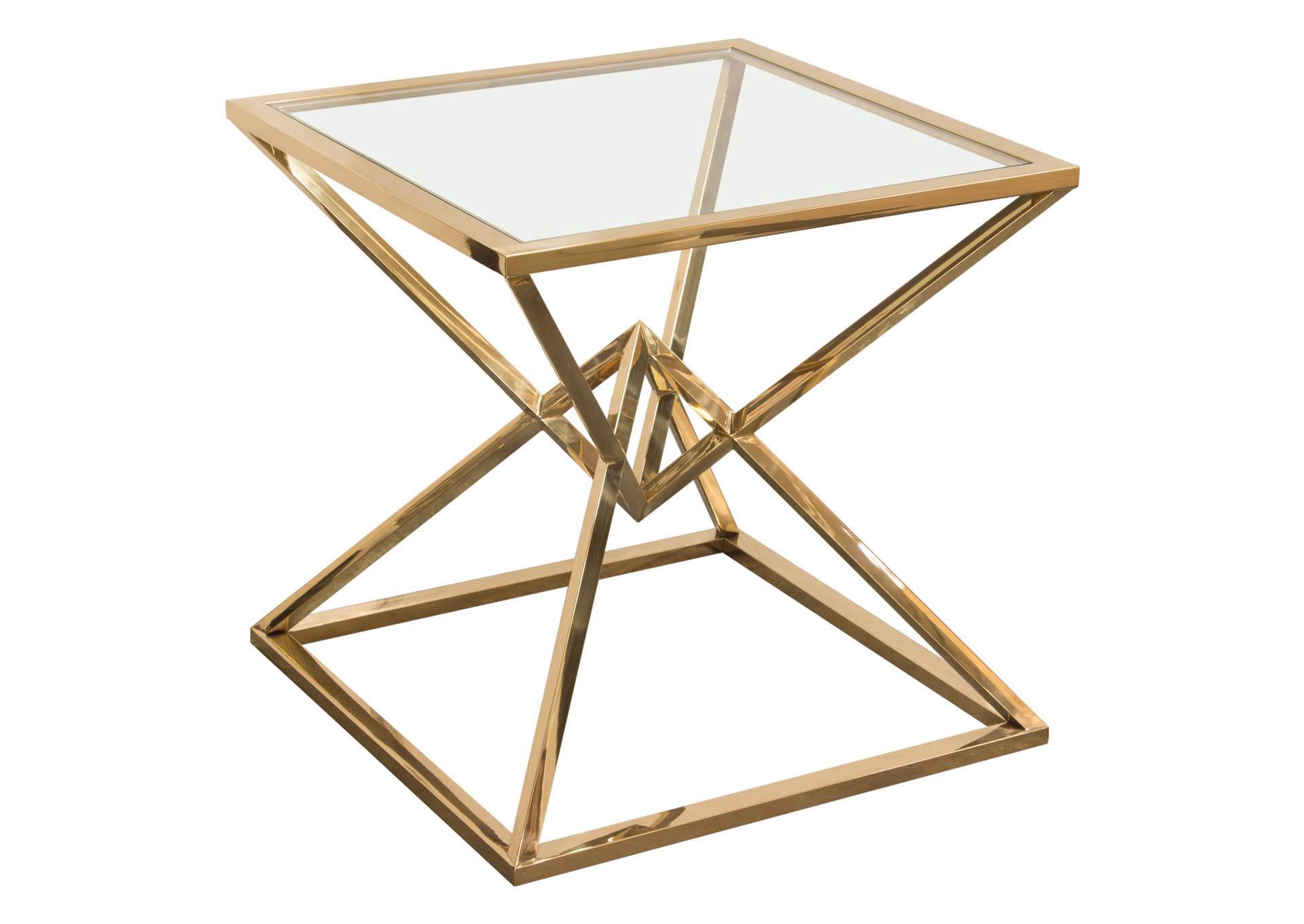 Aria Square Stainless Steel End Table w/ Polished Gold Finish Base & Clear, Tempered Glass Top by Diamond Sofa,Diamond Sofa