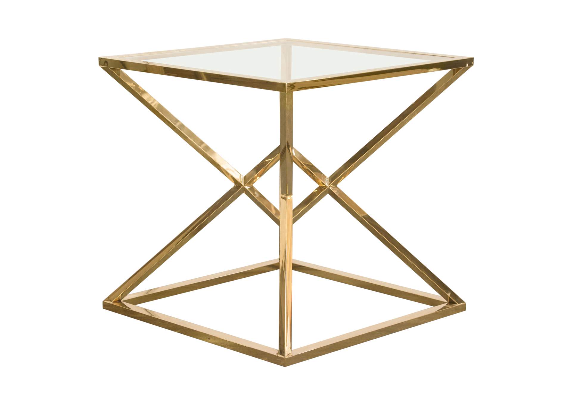Aria Square Stainless Steel End Table w/ Polished Gold Finish Base & Clear, Tempered Glass Top by Diamond Sofa,Diamond Sofa