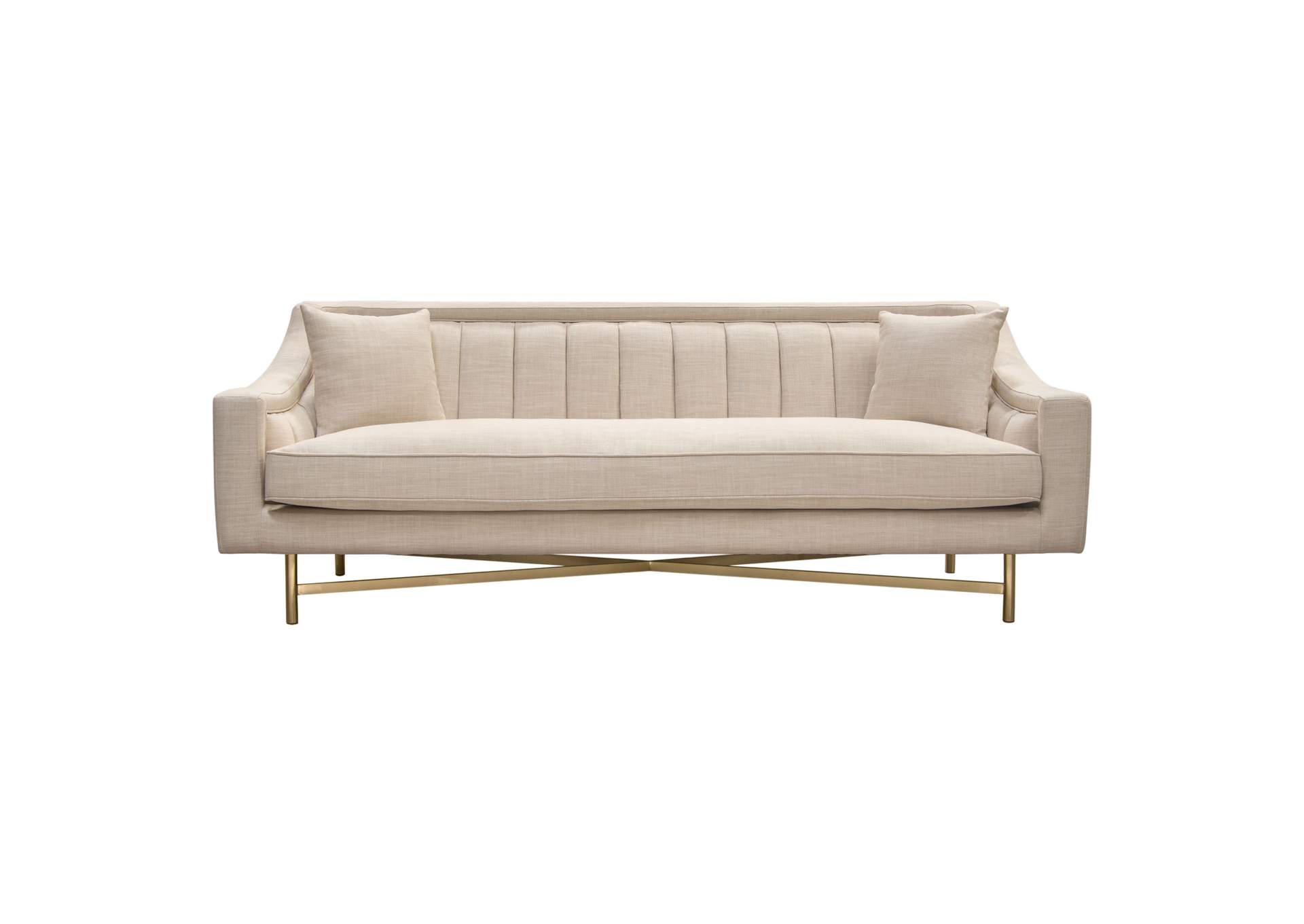 Croft Fabric Sofa in Sand Linen Fabric w/ Accent Pillows and Gold Metal Criss-Cross Frame by Diamond Sofa,Diamond Sofa