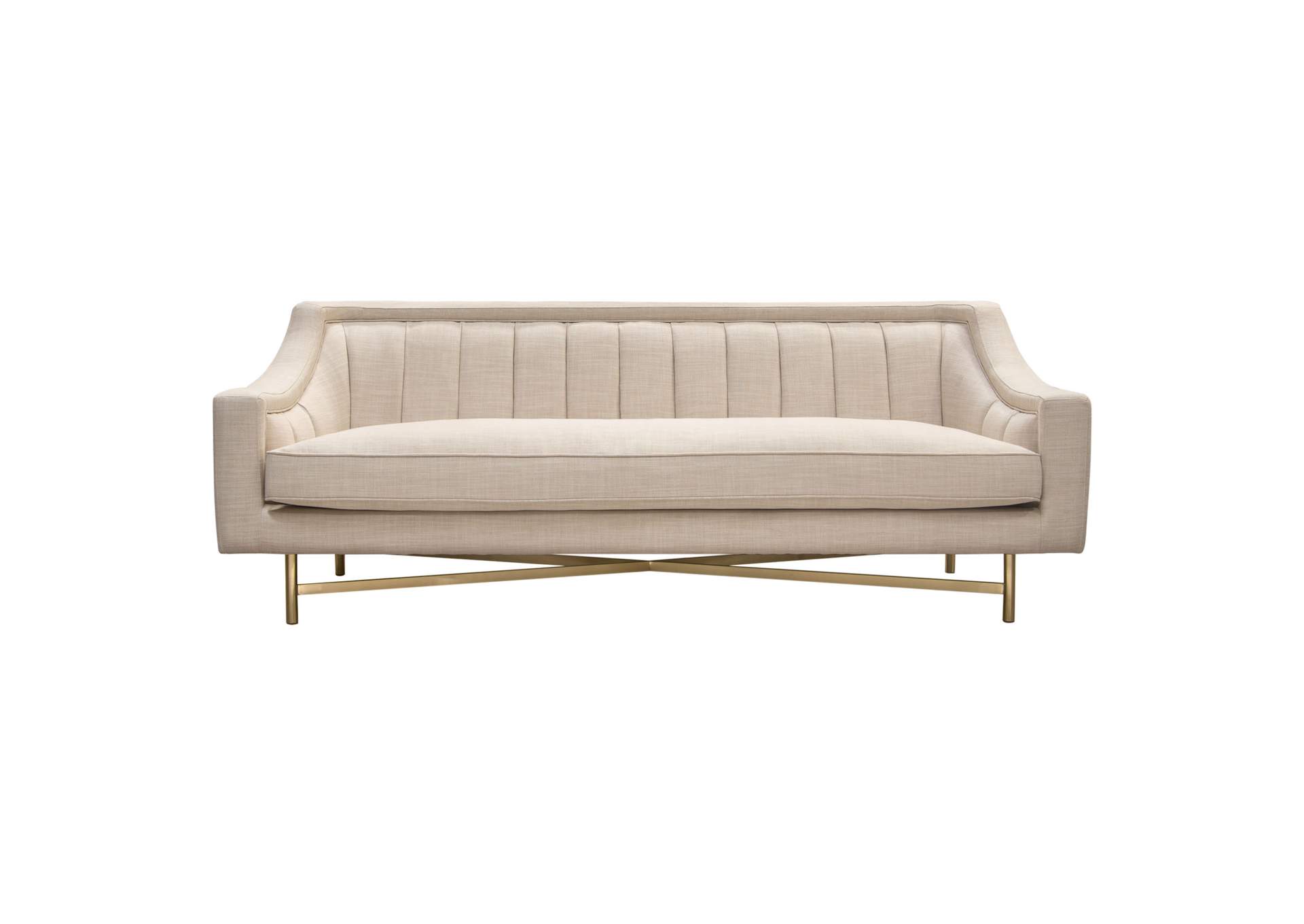 Croft Fabric Sofa in Sand Linen Fabric w/ Accent Pillows and Gold Metal Criss-Cross Frame by Diamond Sofa,Diamond Sofa