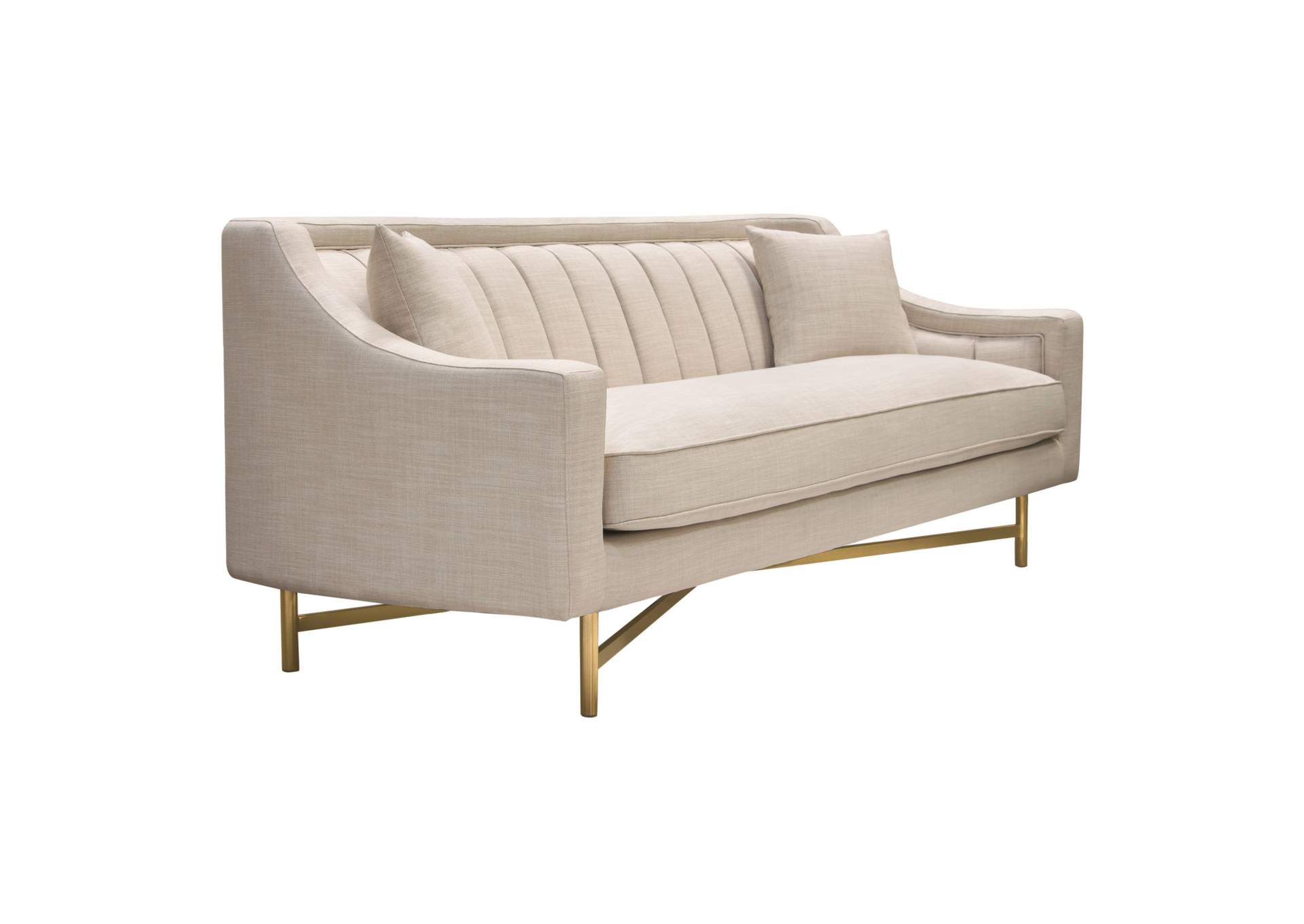 Croft Fabric Sofa in Sand Linen Fabric w/ Accent Pillows and Gold Metal Criss-Cross Frame by Diamond Sofa,Diamond Sofa