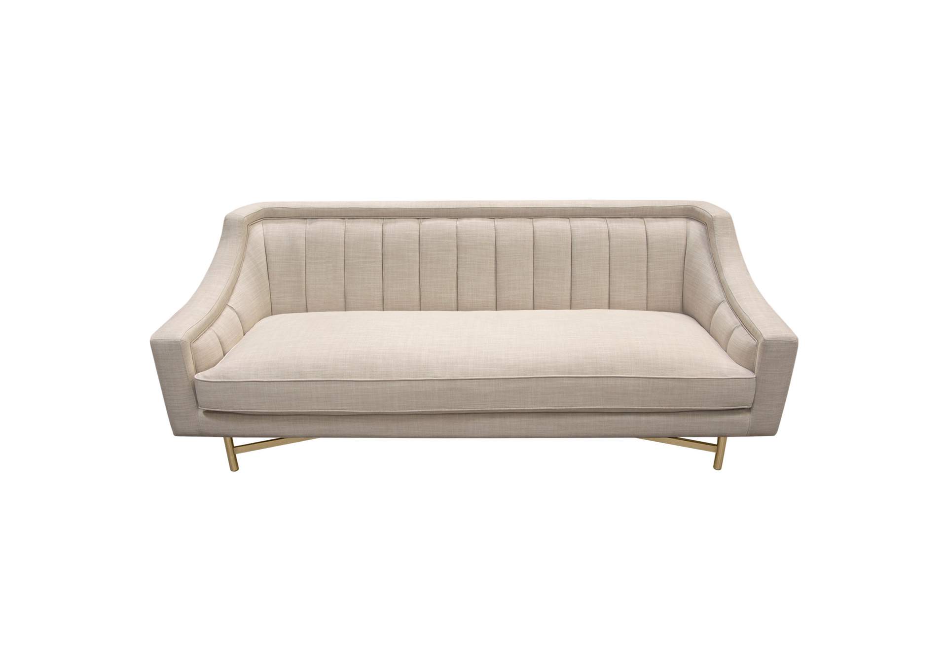 Croft Fabric Sofa in Sand Linen Fabric w/ Accent Pillows and Gold Metal Criss-Cross Frame by Diamond Sofa,Diamond Sofa