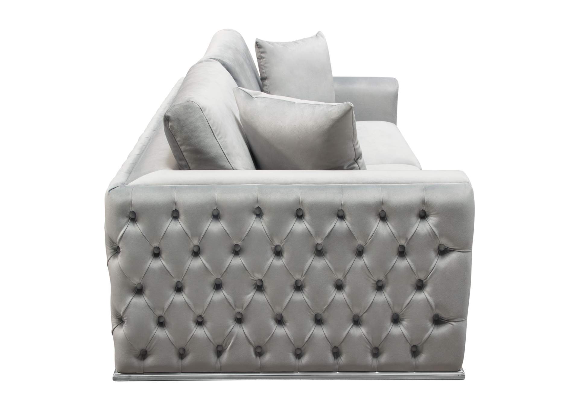 Envy Loveseat in Platinum Grey Velvet with Tufted Outside Detail and Silver Metal Trim by Diamond Sofa,Diamond Sofa