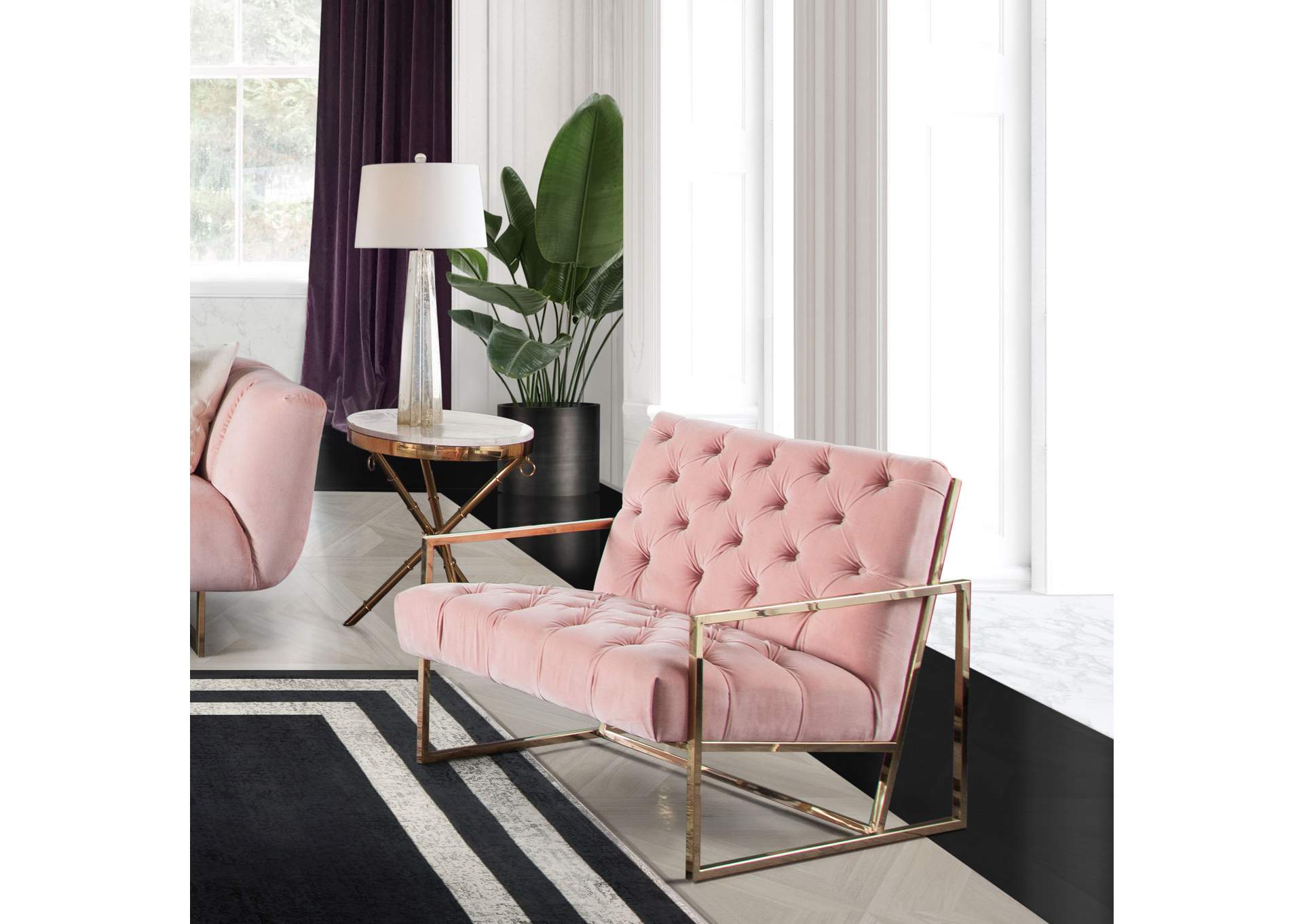 Luxe Accent Chair in Blush Pink Tufted Velvet Fabric with Polished Gold Stainless Steel Frame by Diamond Sofa,Diamond Sofa