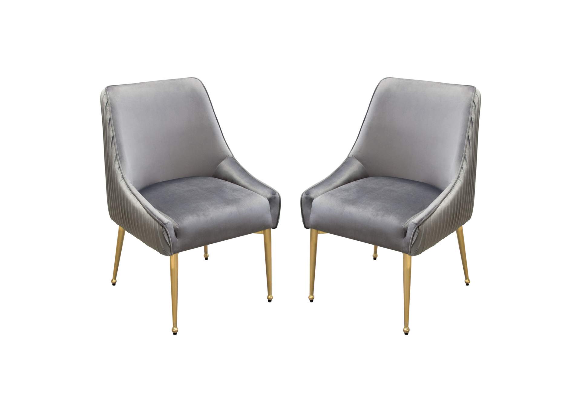 Set of (2) Quinn Dining Chairs w/ Vertical Outside Pleat Detail and Contoured Arm in Grey Velvet w/ Brushed Gold Metal Leg by Diamond Sofa,Diamond Sofa