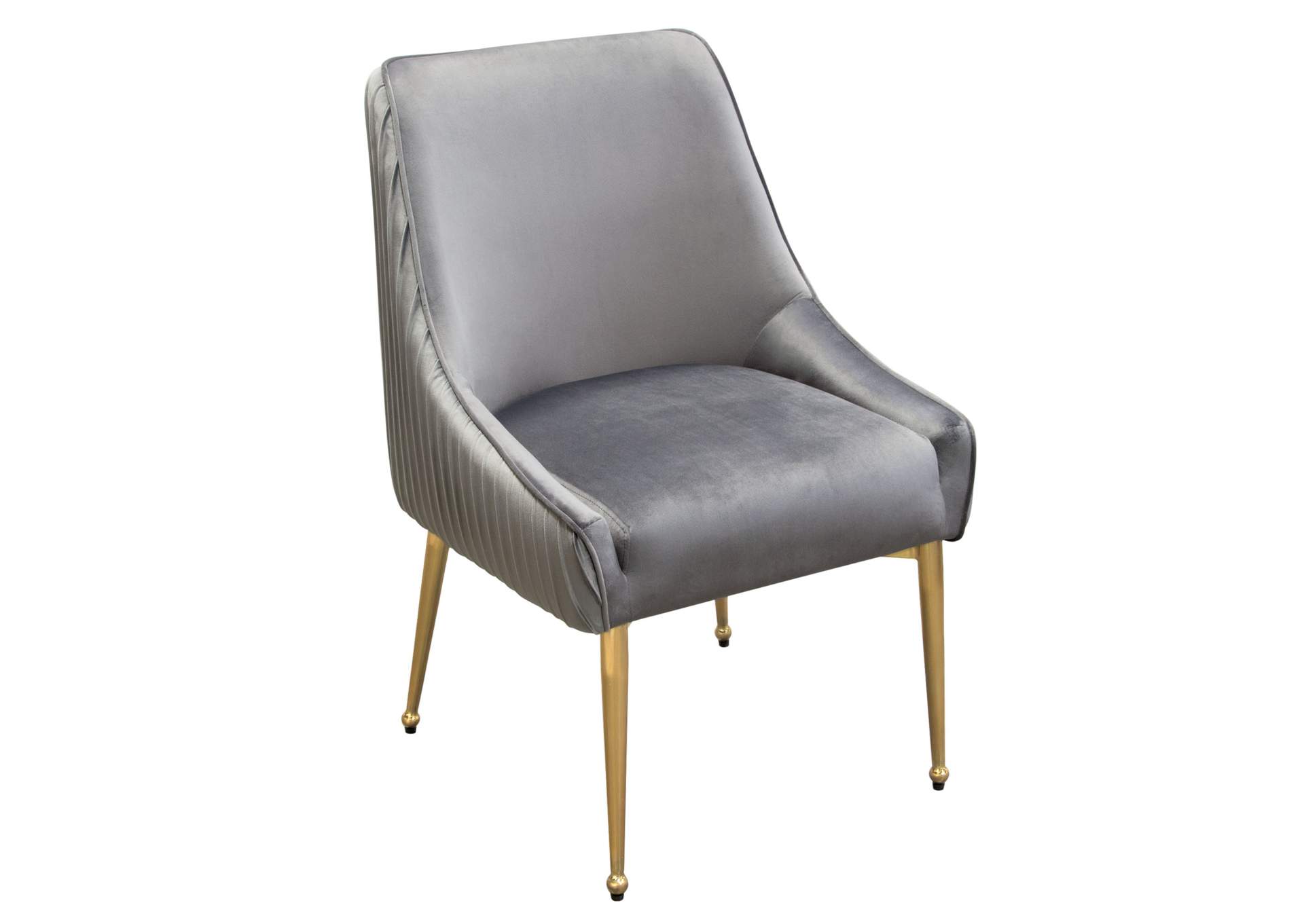 Set of (2) Quinn Dining Chairs w/ Vertical Outside Pleat Detail and Contoured Arm in Grey Velvet w/ Brushed Gold Metal Leg by Diamond Sofa,Diamond Sofa