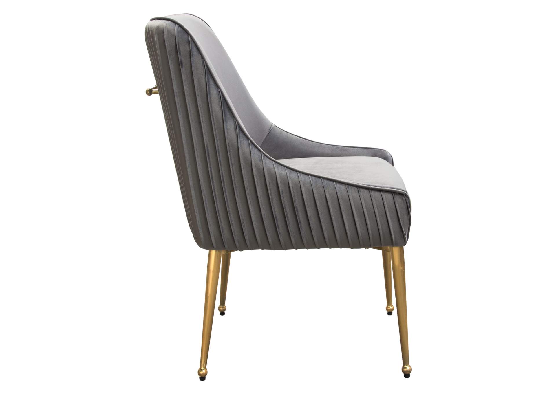 Set of (2) Quinn Dining Chairs w/ Vertical Outside Pleat Detail and Contoured Arm in Grey Velvet w/ Brushed Gold Metal Leg by Diamond Sofa,Diamond Sofa