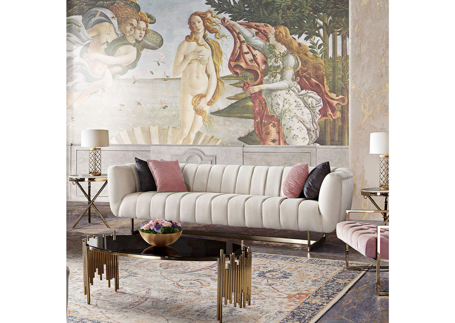 Venus Cream Fabric Sofa w/ Contrasting Pillows & Gold Finished Metal Base by Diamond Sofa,Diamond Sofa