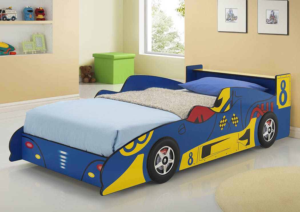 Twin/Twin Blue & Yellow Race Car Bed,Donco Kids