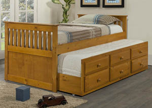 Twin Honey Mission Trundle Bed w/3 Roll-Out Storage Drawers