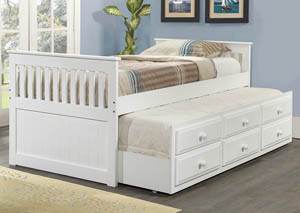 Twin White Mission Trundle Bed Bed w/ 3 Roll-Out Storage Drawers