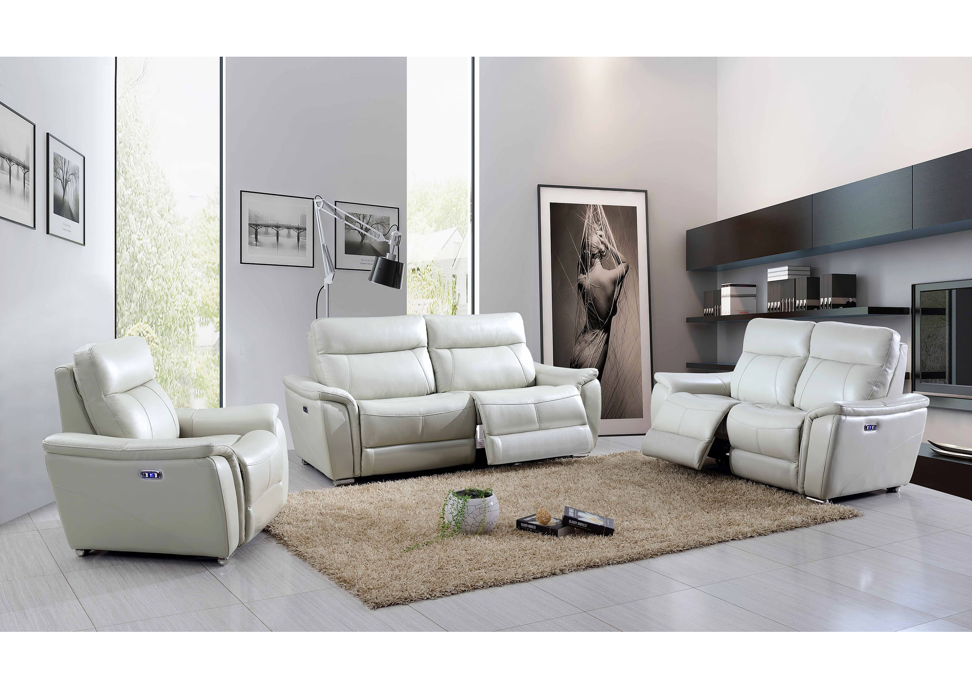 1705 White Sofa W/ 2 Electric Recliners,ESF Wholesale Furniture