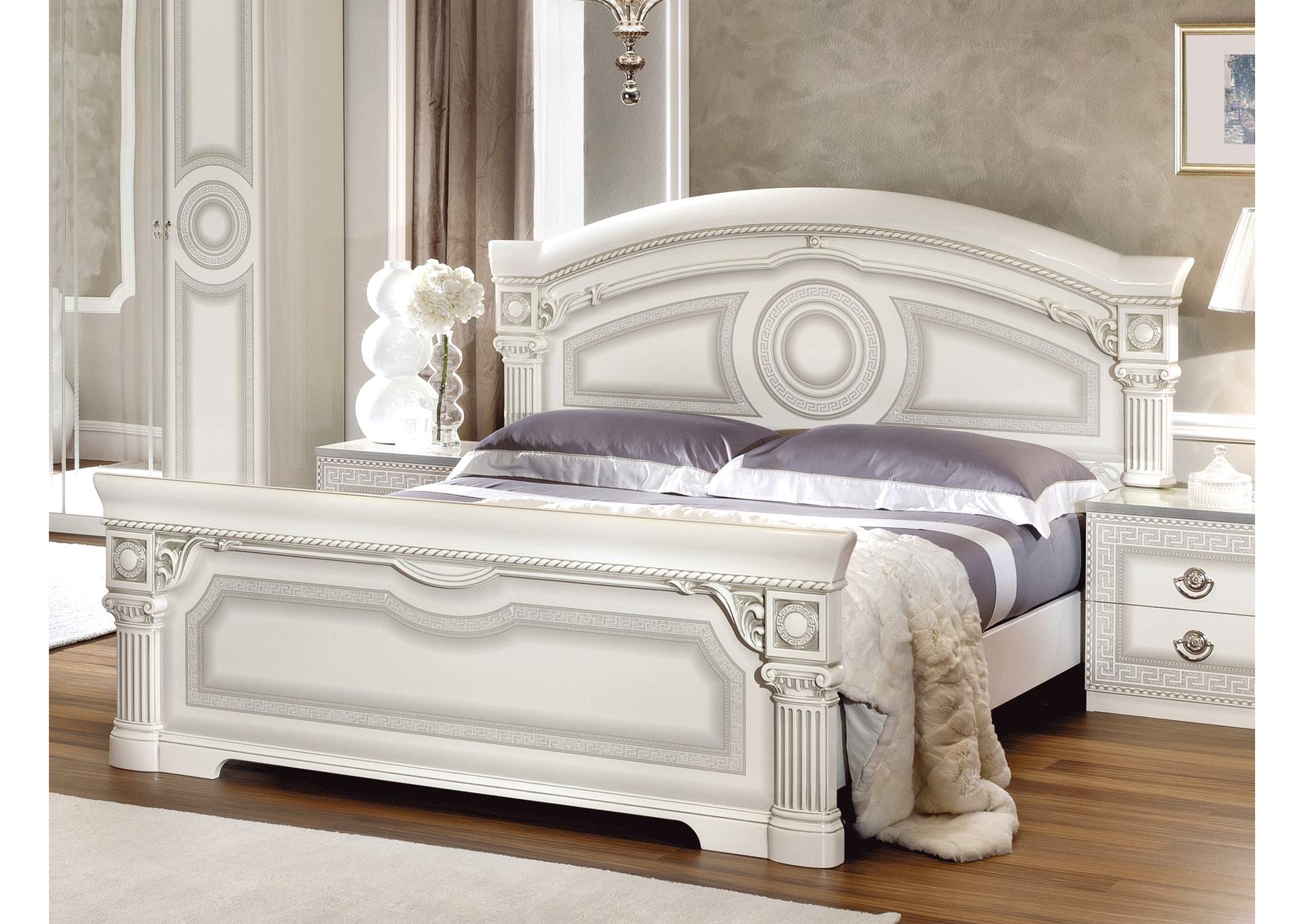 Aida White & Silver Standard Frame Panel King Bed W/ Dresser & Mirror,ESF Wholesale Furniture