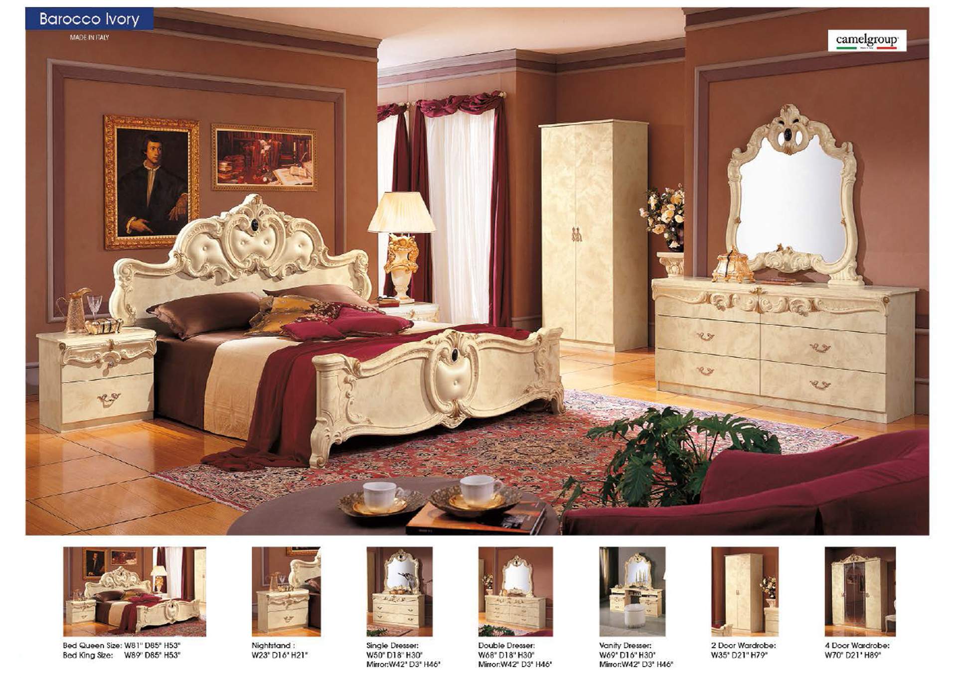 Barocco Bed Ivory, Camel Group Italy SET,ESF Wholesale Furniture