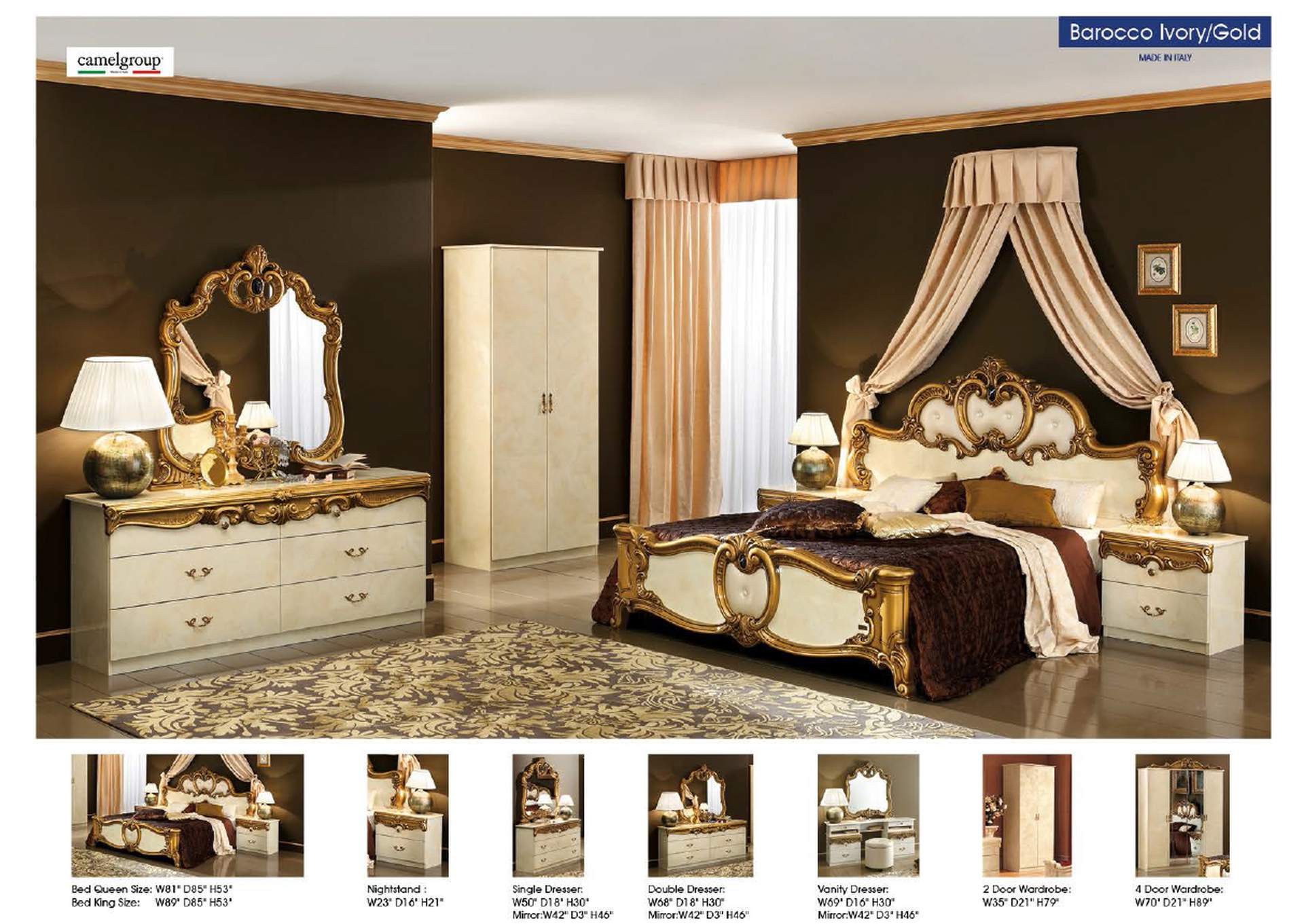 Barocco Bed Ivory with Gold, Camel Group Italy SET,ESF Wholesale Furniture