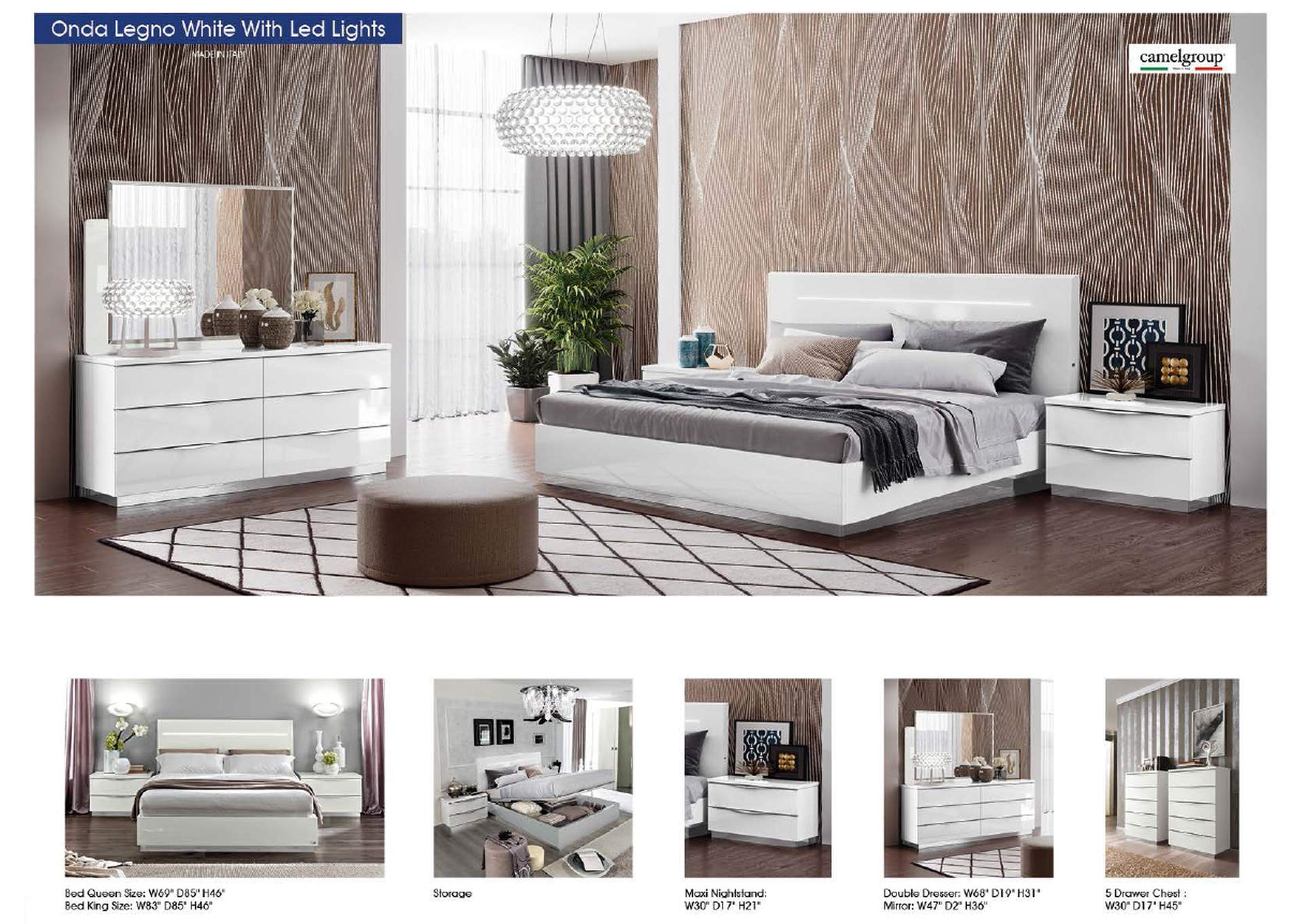 Onda Legno White Bed with Led Lights SET,ESF Wholesale Furniture
