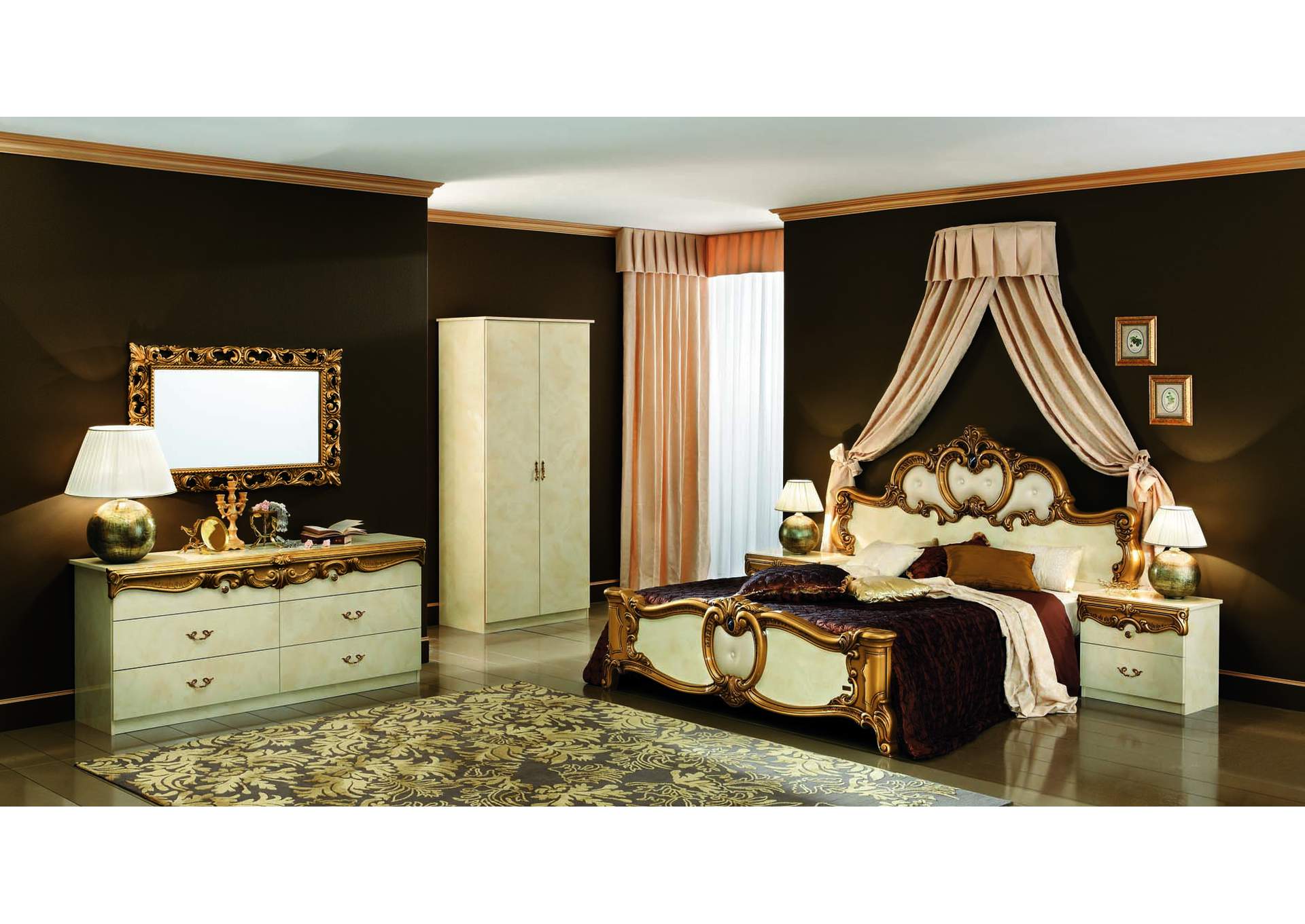 Barocco Bed Ivory with Gold, Camel Group Italy SET,ESF Wholesale Furniture