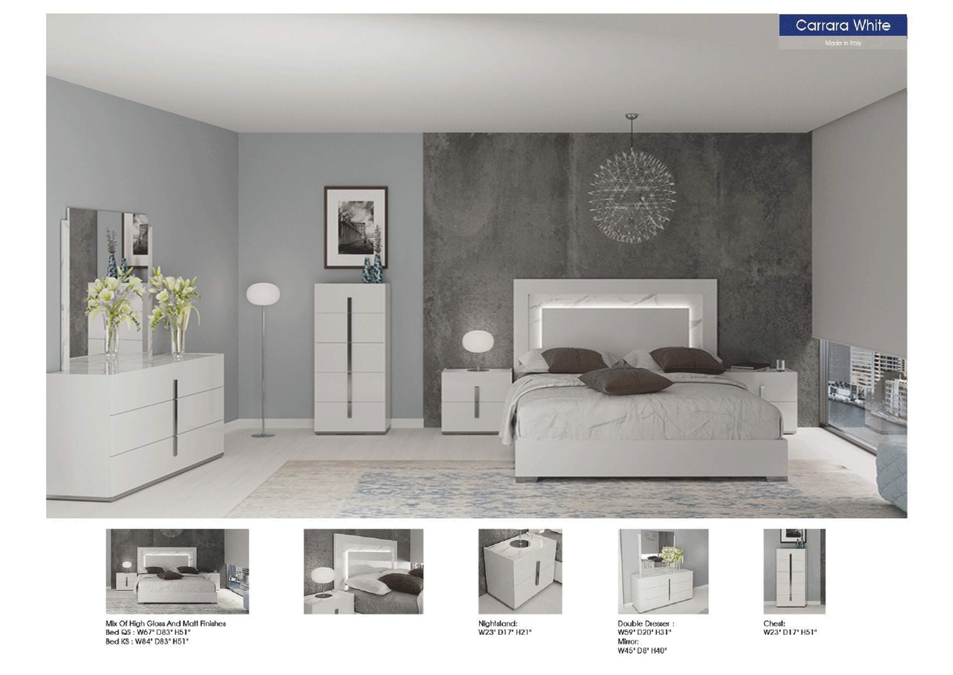 Carrara White Bedroom with Light SET,ESF Wholesale Furniture
