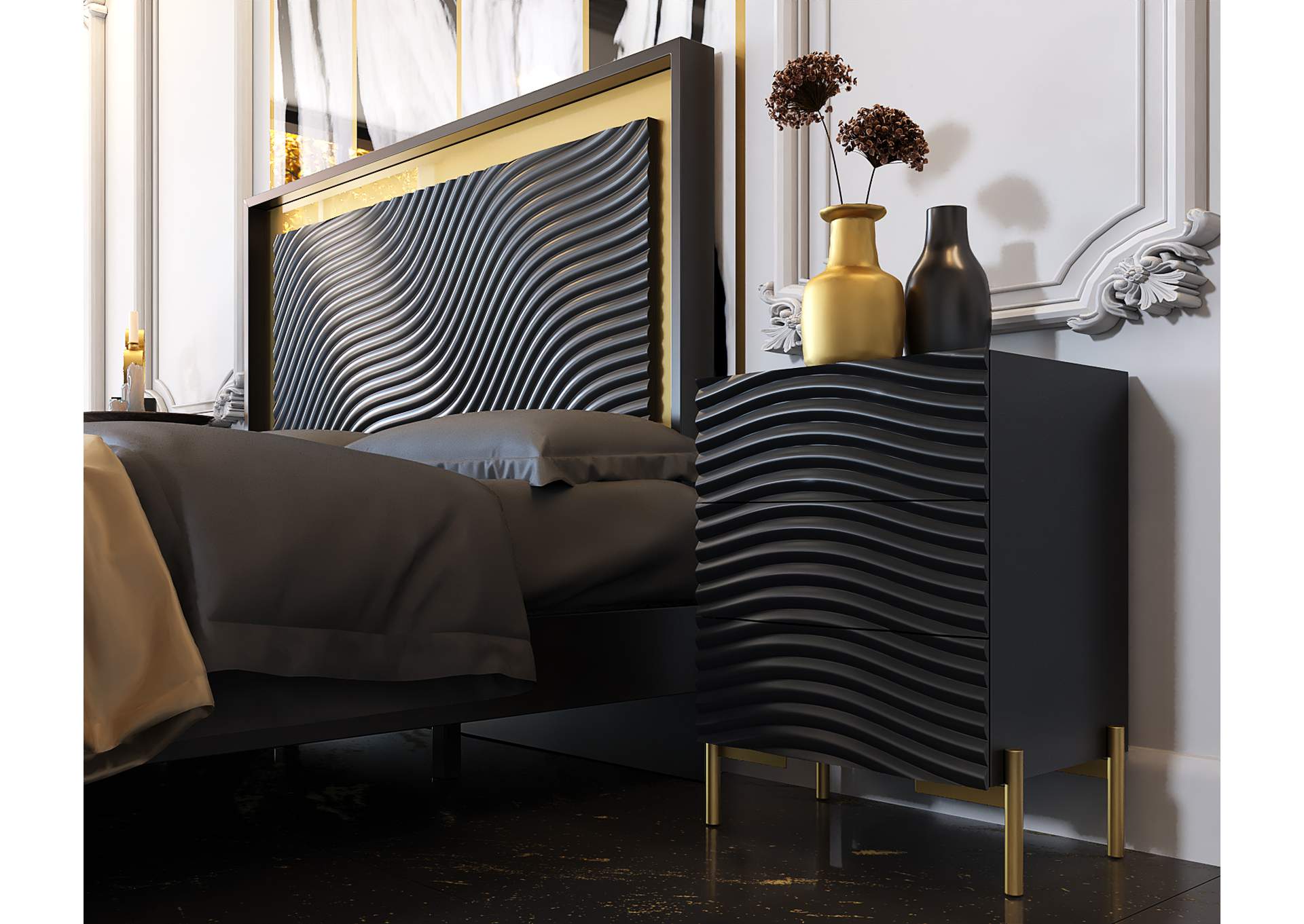 Wave Nightstand Dark Grey SET,ESF Wholesale Furniture