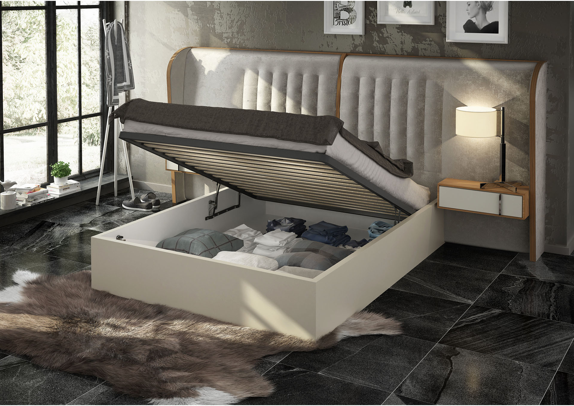 Cadiz Beige Queen Bed with Storage,ESF Wholesale Furniture