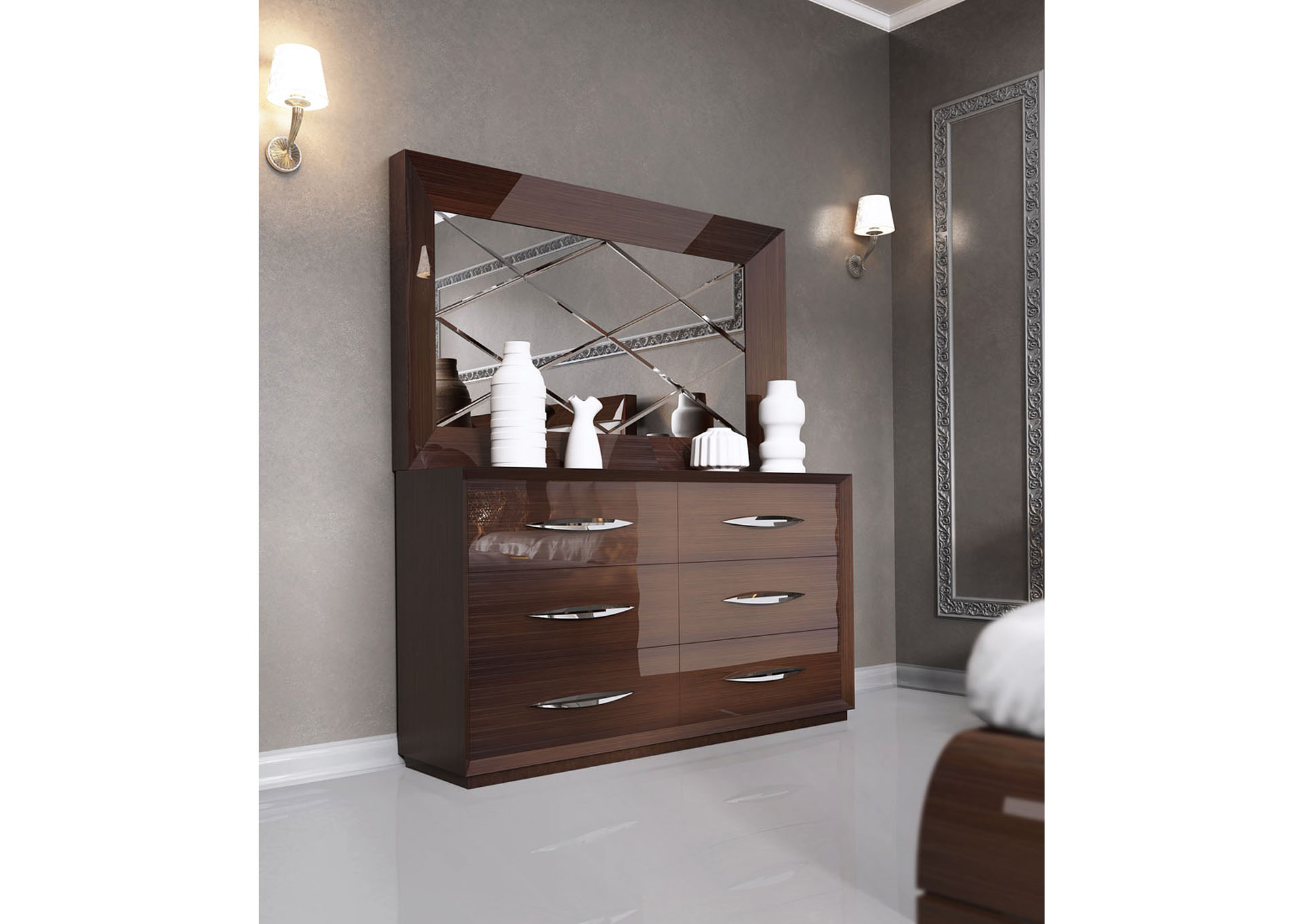 Carmen Beige & Walnut Double Dresser & Mirror,ESF Wholesale Furniture