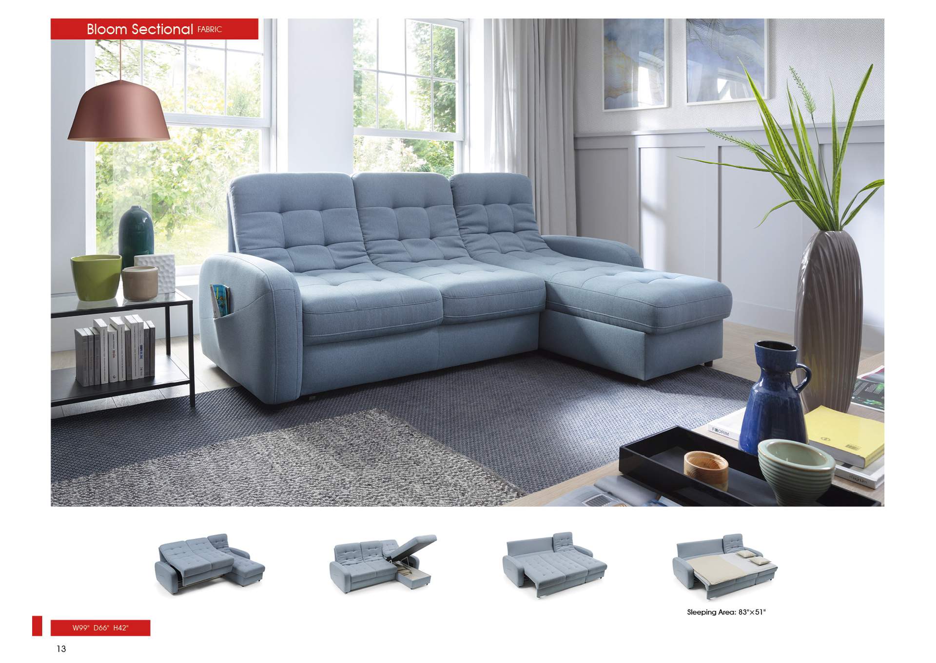 Blue Bloom Sectional W/Bed And Storage,ESF Wholesale Furniture