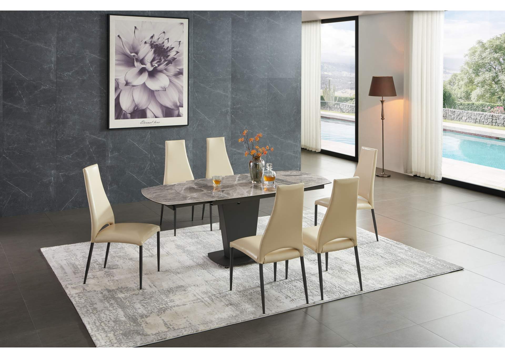 2417 Marble Table Grey with 3405 Chairs Beige SET,ESF Wholesale Furniture