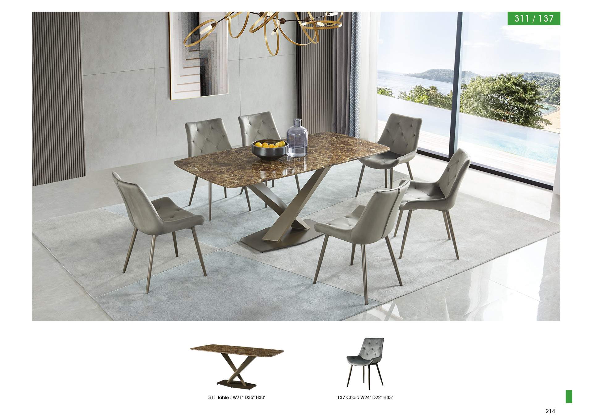 Grey/Silver, Yellow/Gold, Marble  311 Dining Table Fixed,ESF Wholesale Furniture