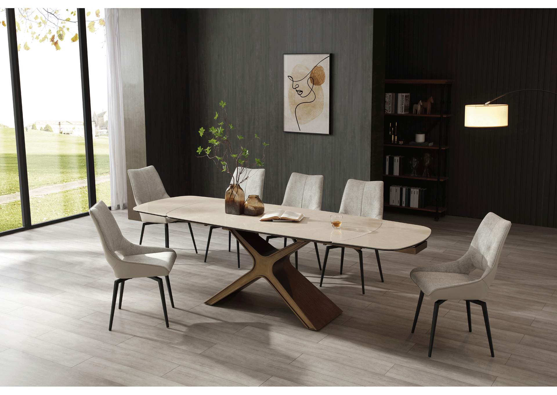 9368 Table Taupe with 1239 Swivel Beige Chairs SET,ESF Wholesale Furniture