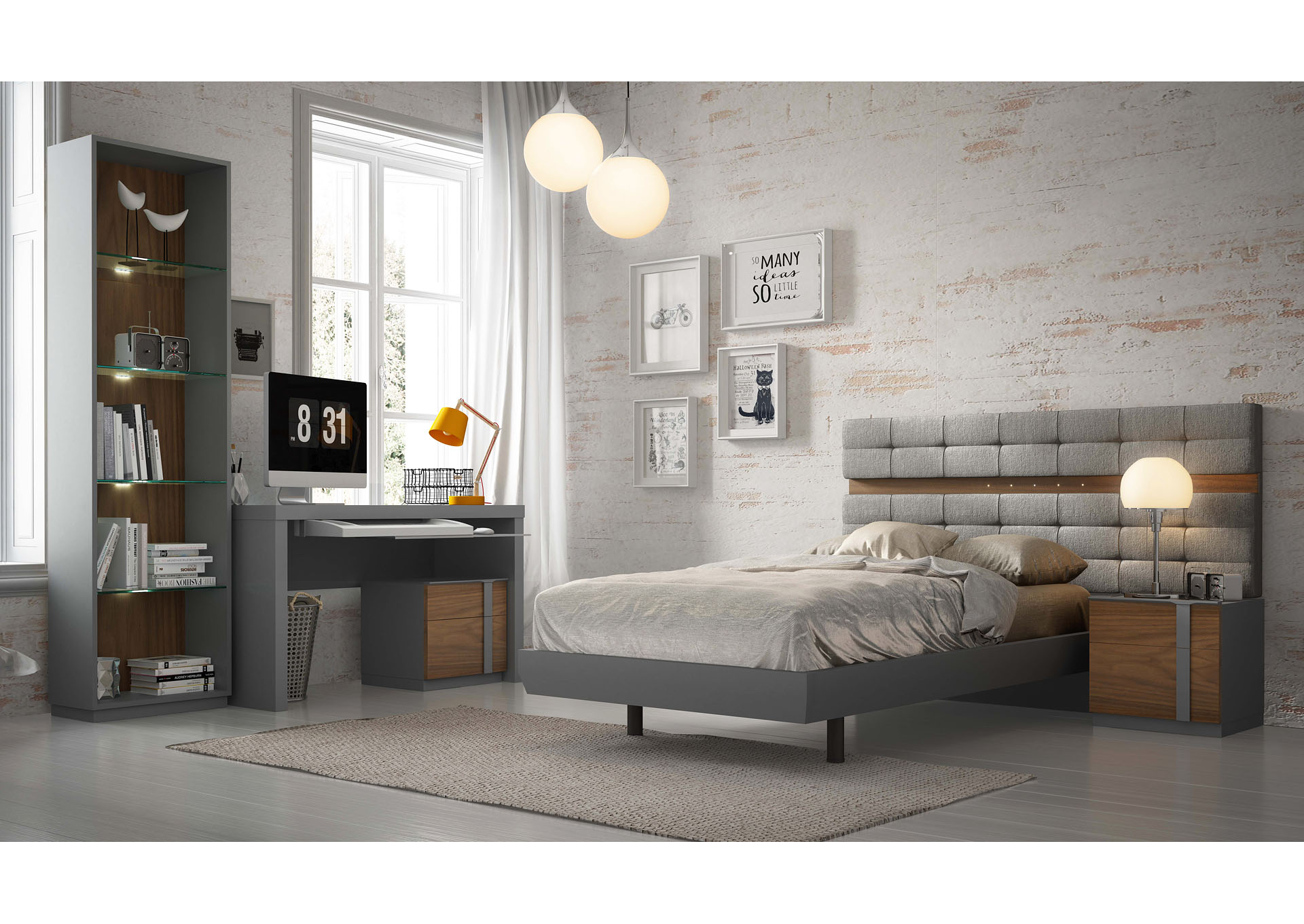Palma Grey & Walnut Twin Bedroom Set W/ Nightstand, Bookcase, and Desk,ESF Wholesale Furniture