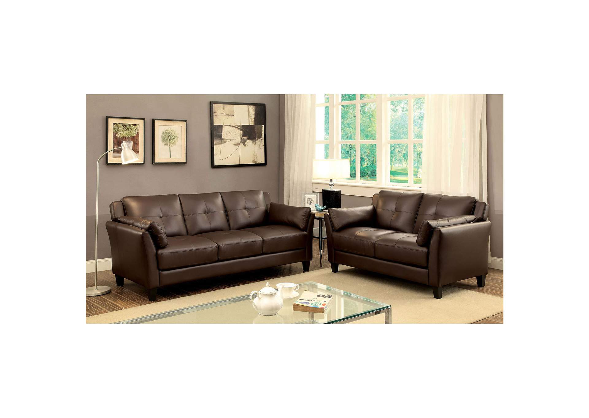 Pierre Brown Leatherette Sofa and Loveseat Set,Furniture of America