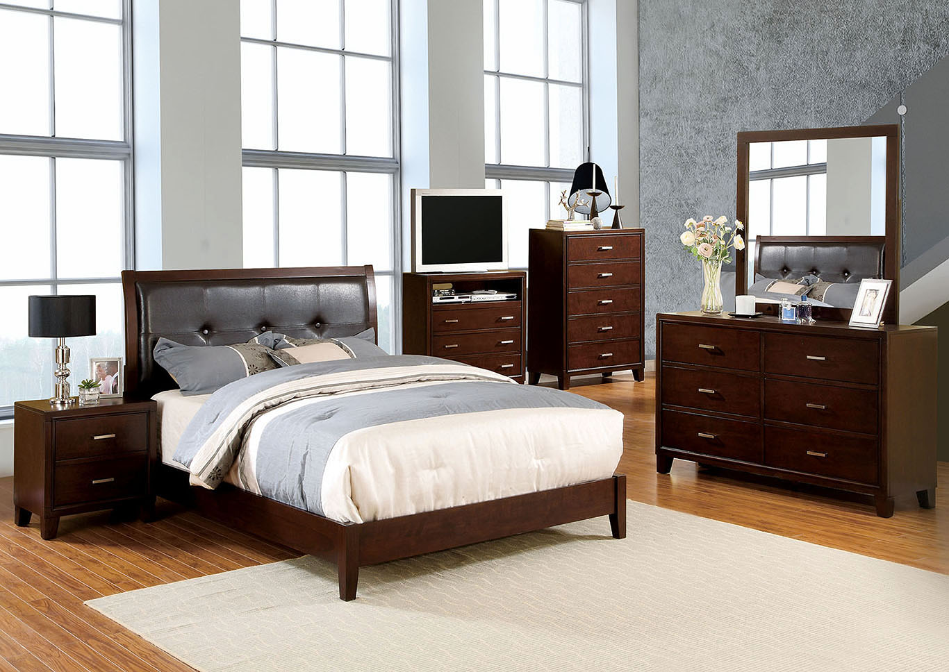 Enrico l Brown Queen Platform Bed w/Dresser and Mirror,Furniture of America