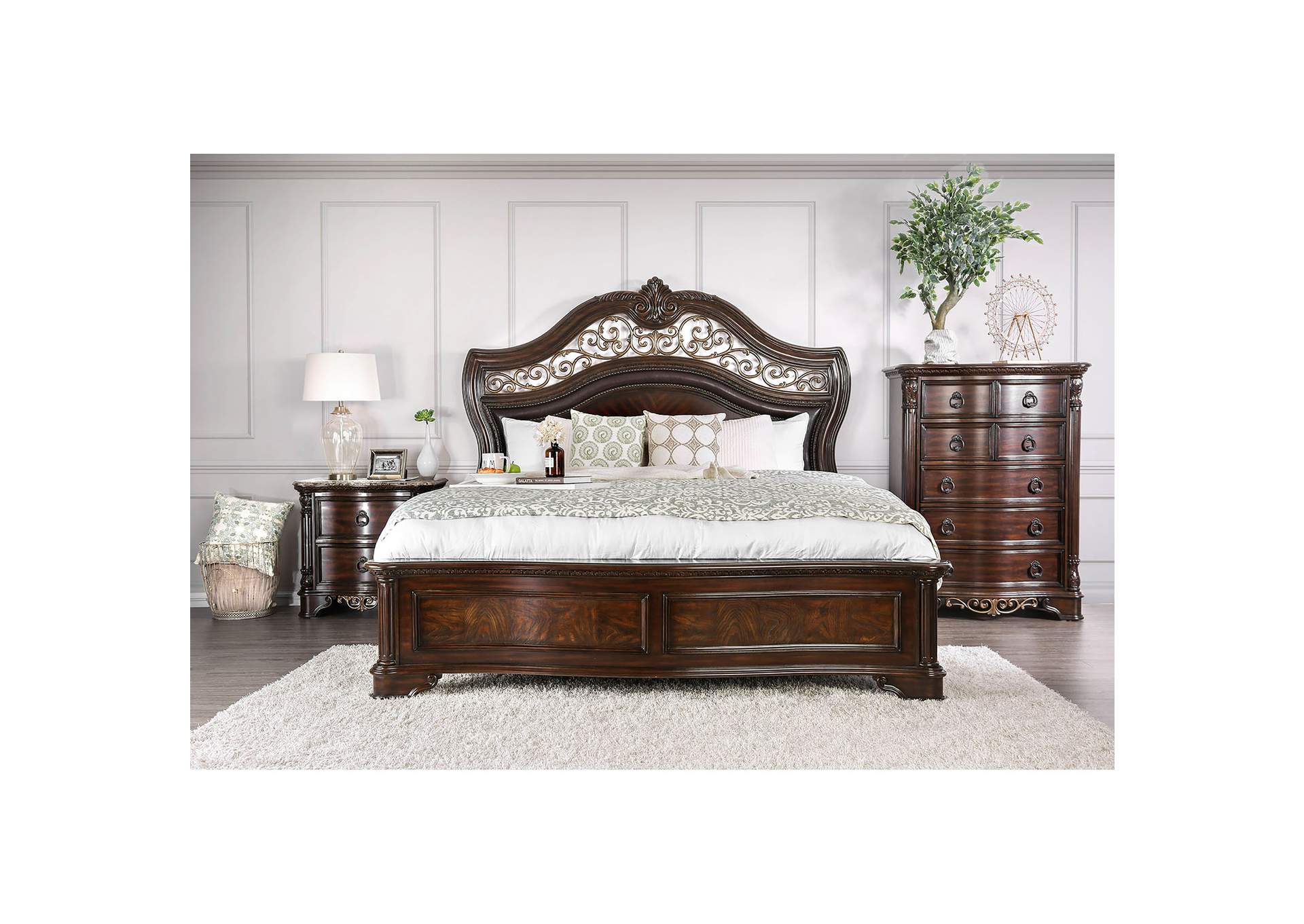 Menodora Brown Eastern King Platform Bed w/Dresser and Mirror,Furniture of America