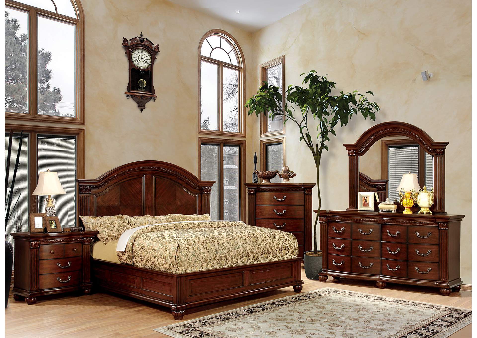 Grandom Cherry Queen Platform Bed w/Dresser and Mirror,Furniture of America