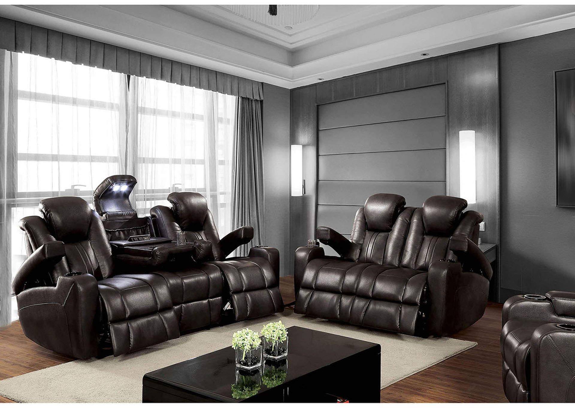 Zaurak Dark Gray Sofa and Loveseat w/4 Recliners,Furniture of America