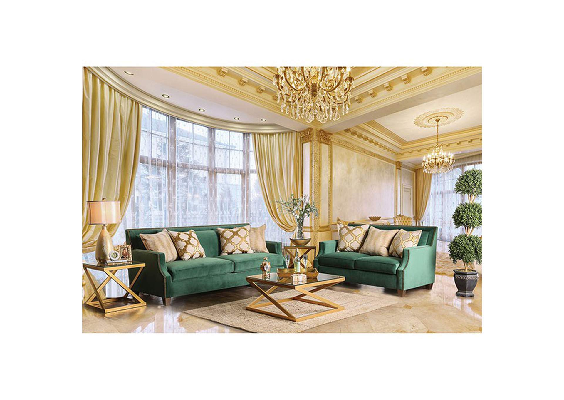 Verdante Emerald Green Sofa and Loveseat Set w/Pillows,Furniture of America