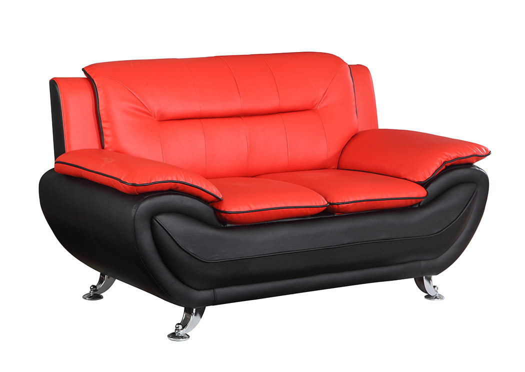 Red & Black Leather Look Loveseat w/Chrome Legs,Furniture World Distributors
