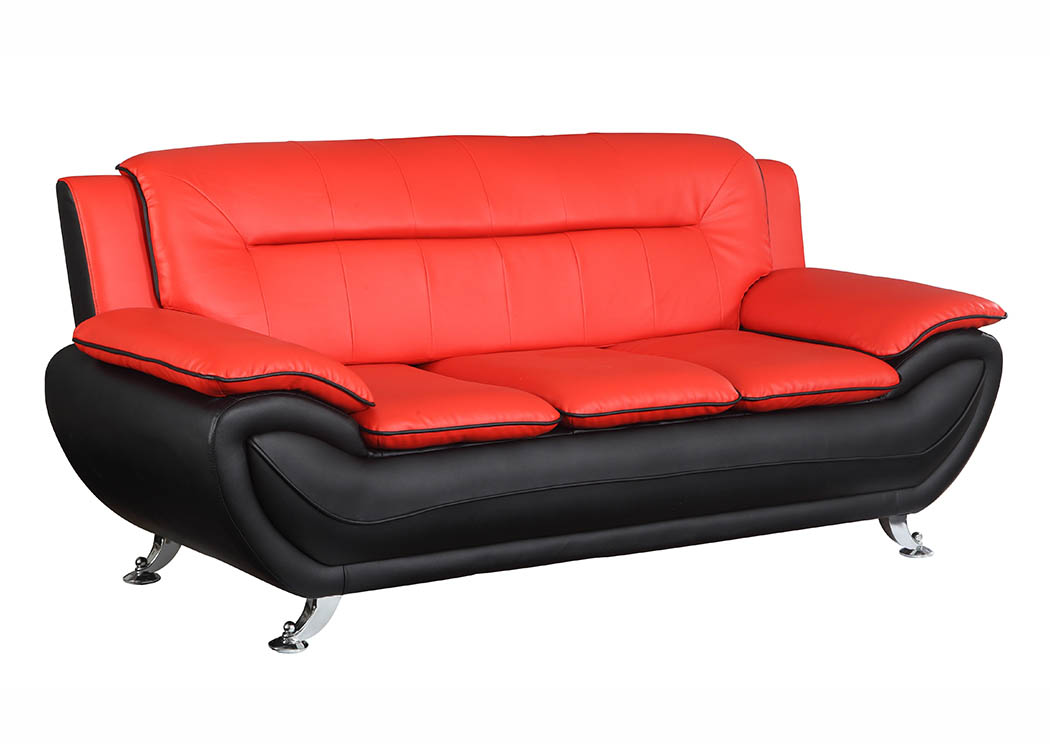 Red & Black Leather Look Sofa w/Chrome Legs,Furniture World Distributors