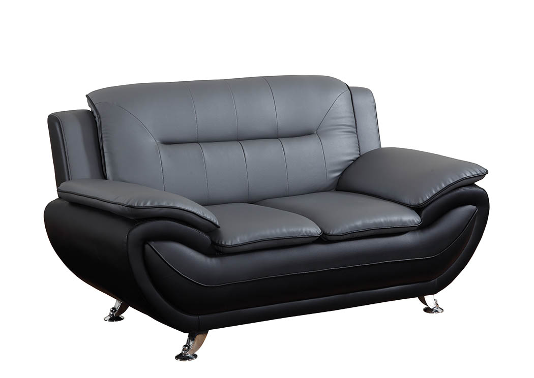Grey & Black Leather Look Loveseat w/Chrome Legs,Furniture World Distributors