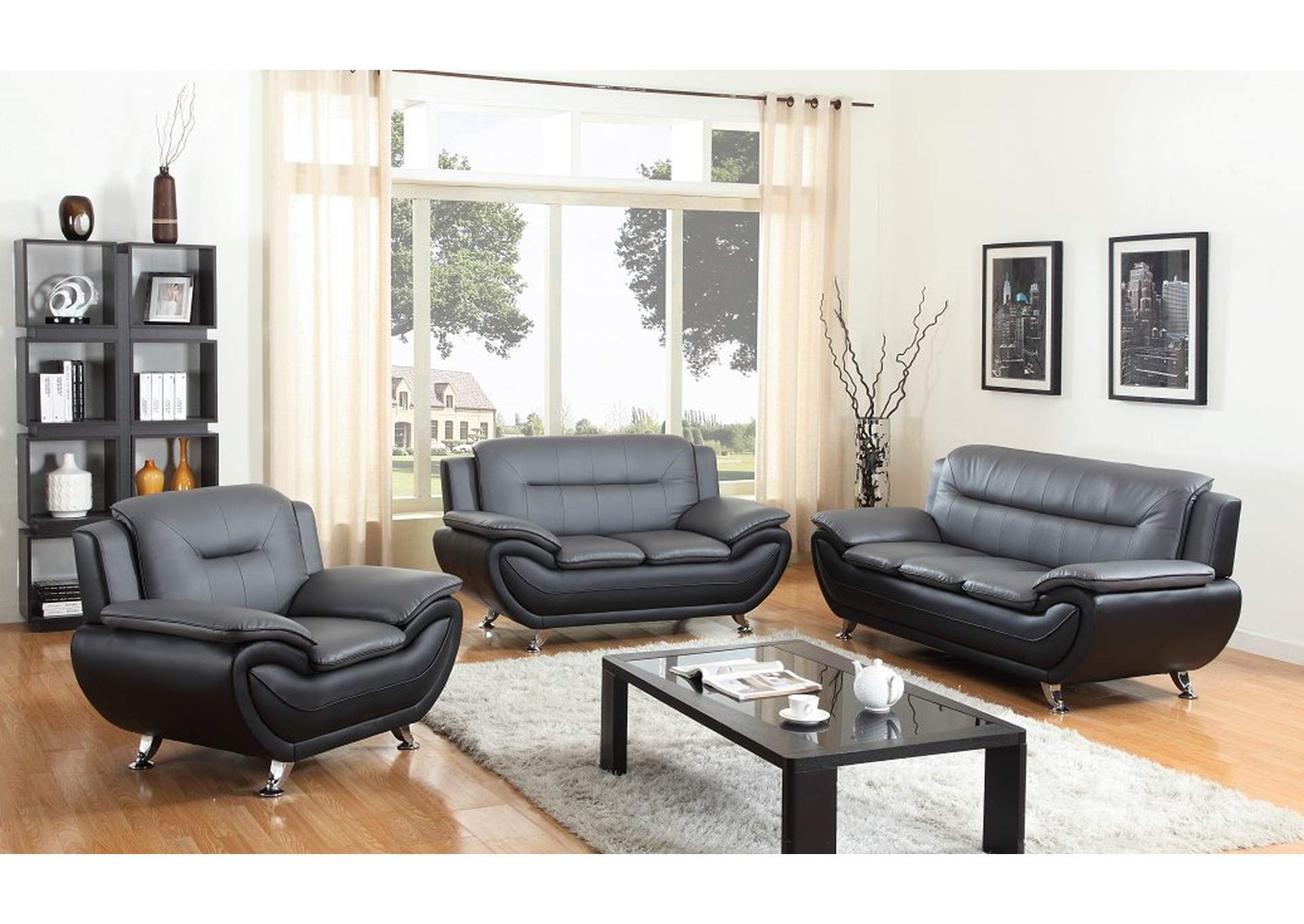 Grey/Black Leather Sofa & Loveseat w/Chrome Legs,Furniture World Distributors