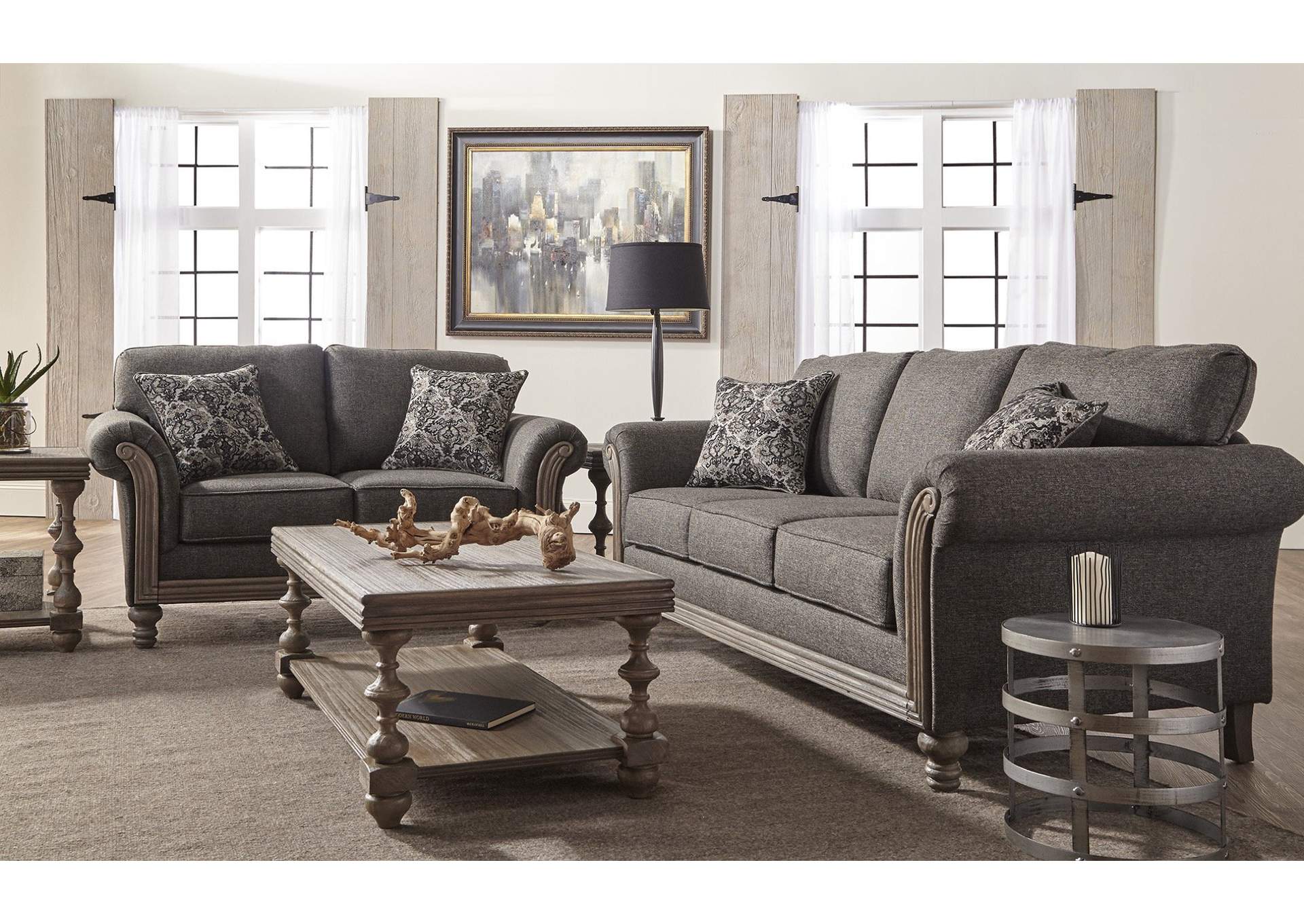 Charcoal Poly-Tweed Sofa & Loveseat w/Pillows,Furniture World Distributors