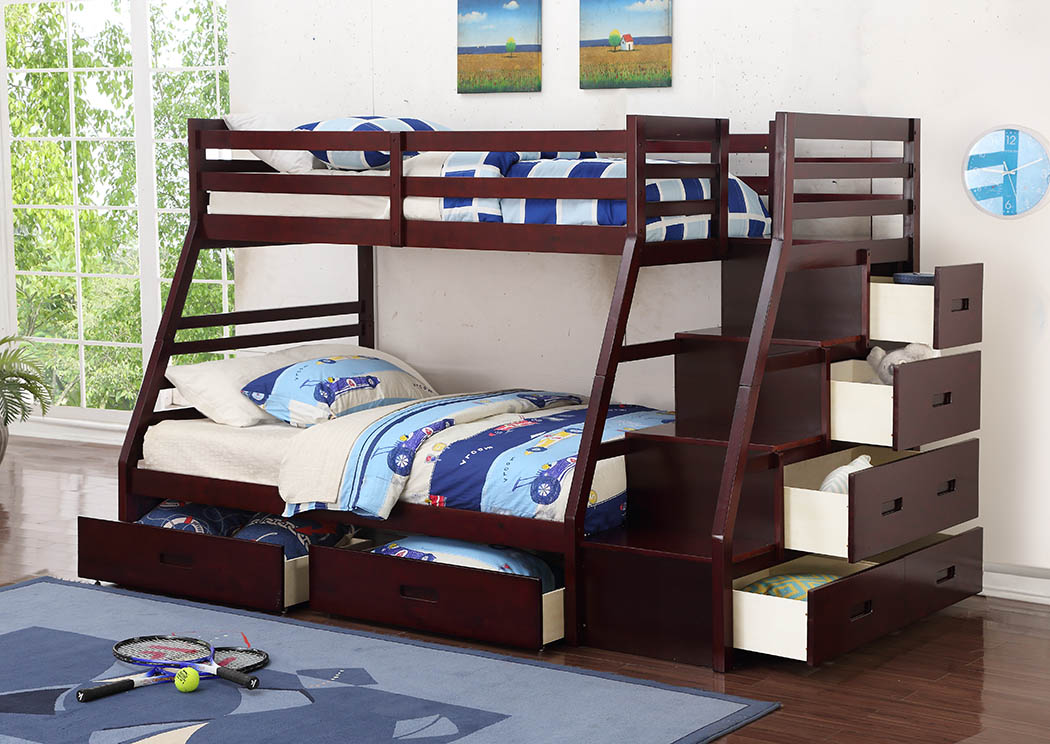 Cherry Twin/Full Bunk Staircase Bed w/Under-Bed Storage Drawers,Furniture World Distributors