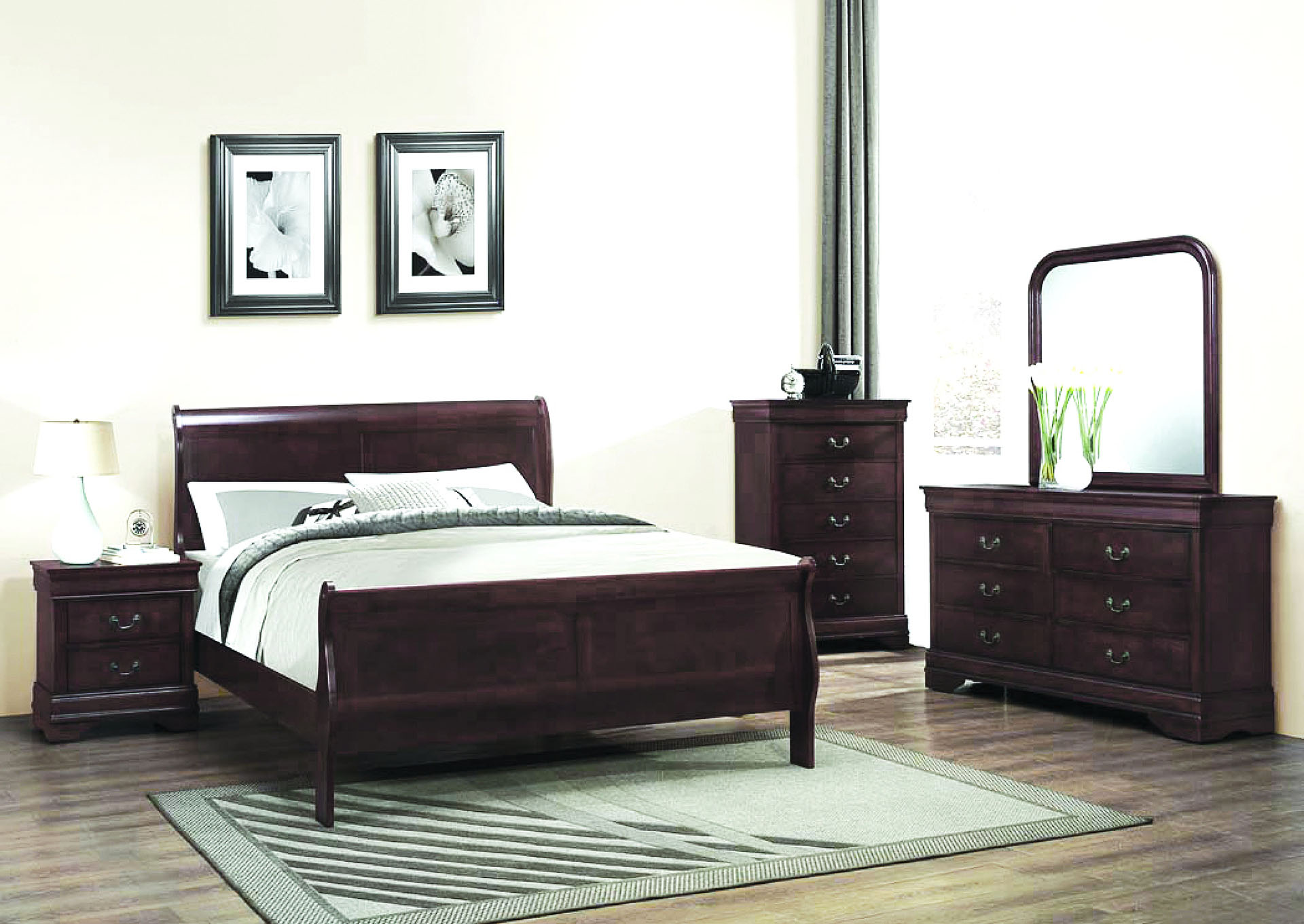 Louis Phillipe Espresso Twin 4-PC (Twin Bed + Dresser + 1 Nightstand + Mirror),Galaxy Home Furniture