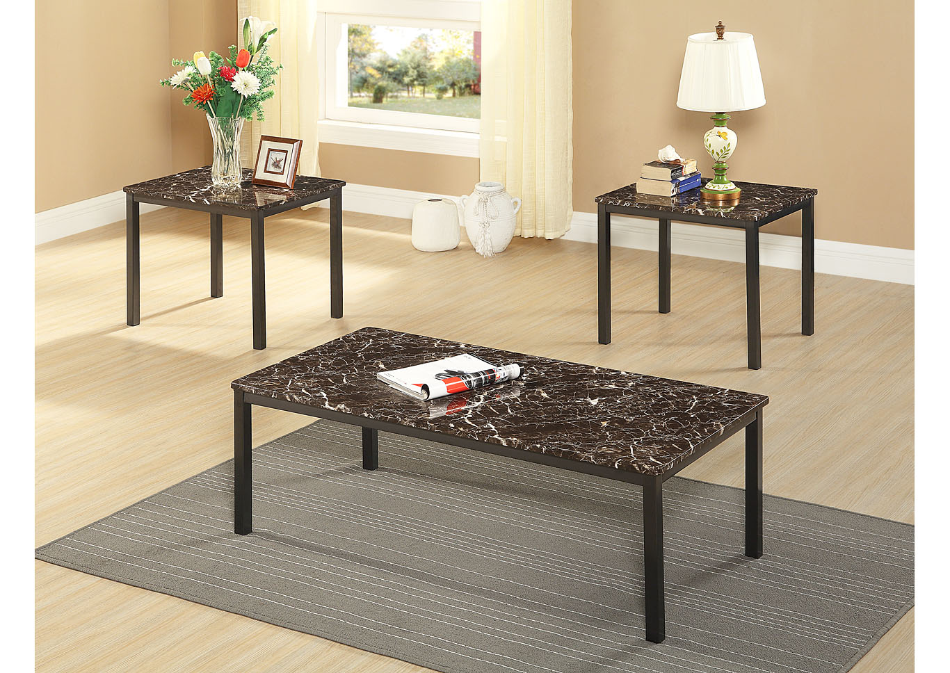 Brown 3 Piece Marble Top Coffee & End Table Set,Global Trading