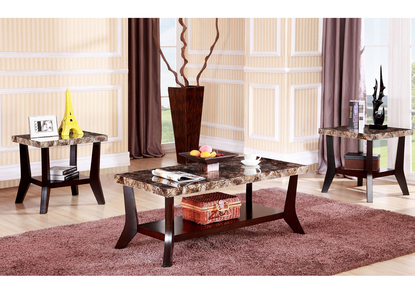 Brown 3 Piece Coffee & End Table Set,Global Trading