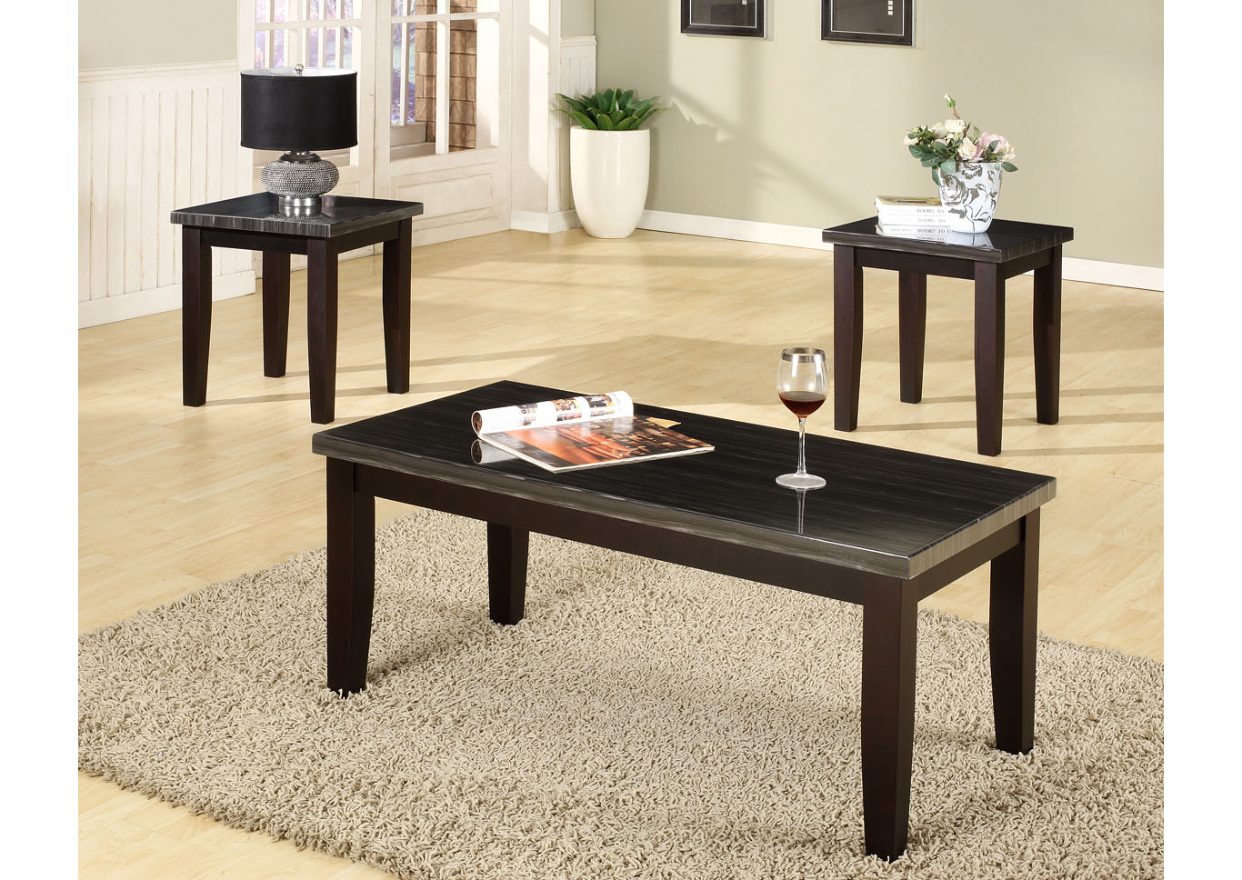 Black 3 Piece Faux Marble Top Coffee & End Table Set,Global Trading