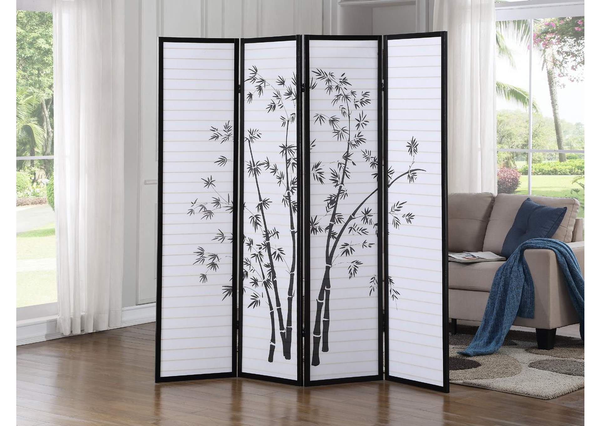 White & Black 4 Panel Screen W/ Bamboo Artwork,Global Trading