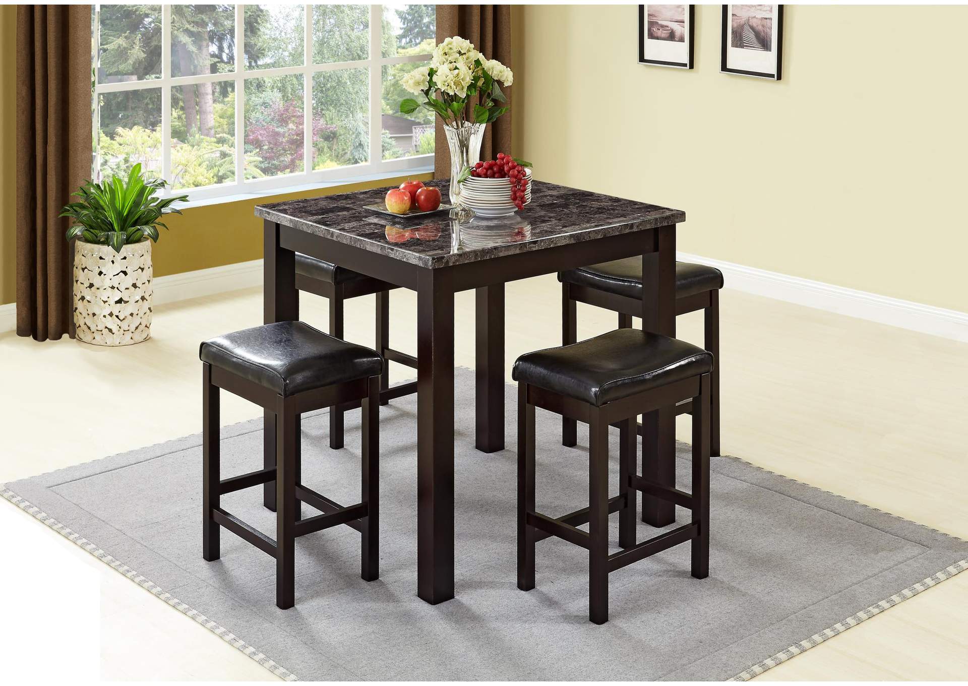 Brown 5 Piece Marble Top Dining Set w/ 4 Stools,Global Trading