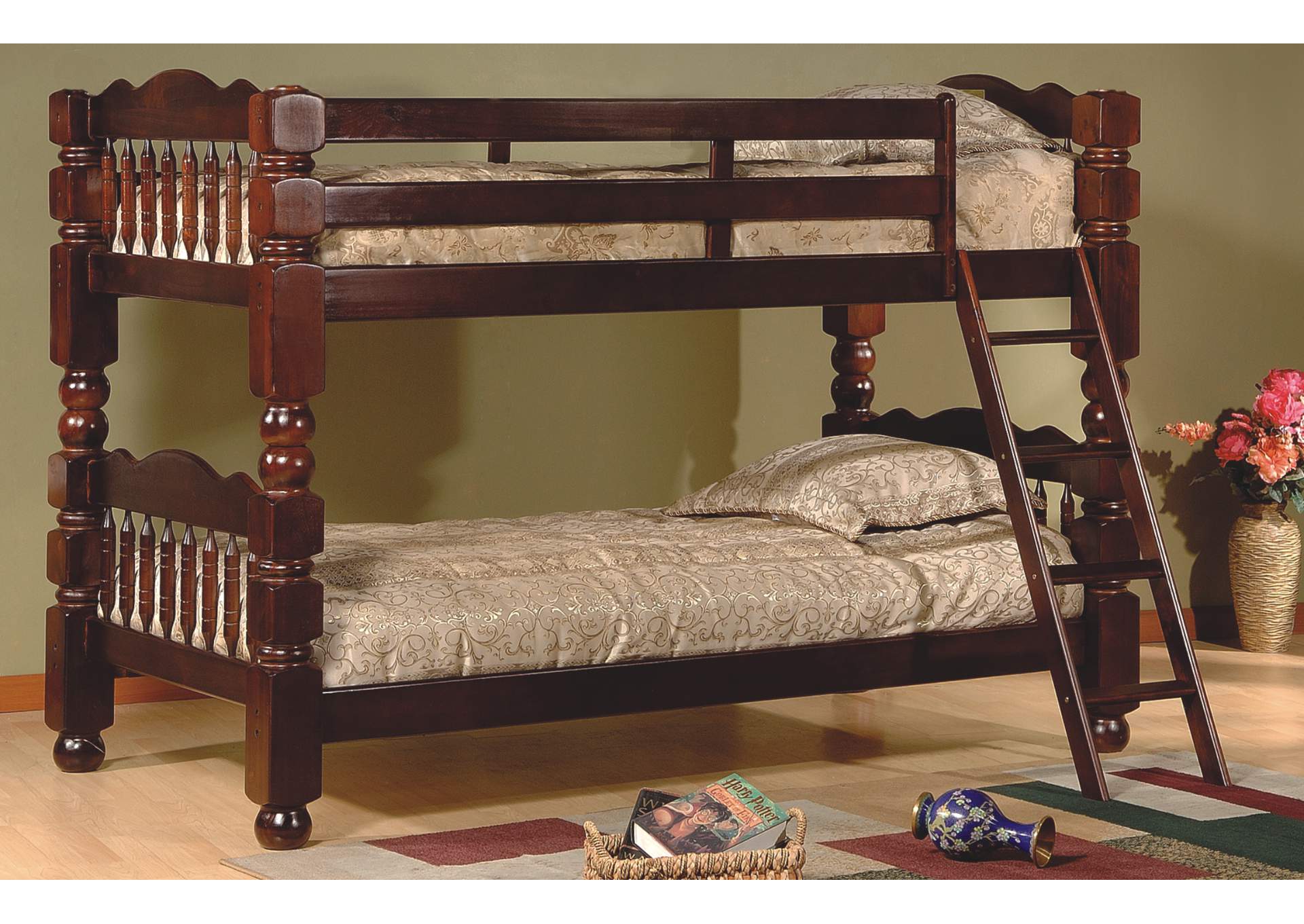 4471C 5 Inch Wooden Post Twin - Twin Convertible Bunk Bed Cherry,Global Trading