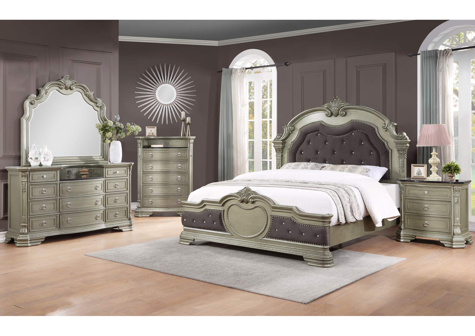 4 Piece Queen Bedroom Set W/ Nightstand, Dresser & Mirror,Global Trading